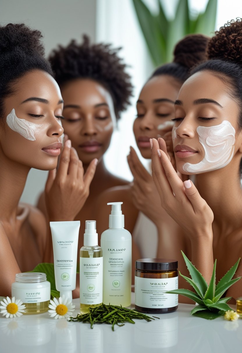 Close-up of diverse women applying skincare products with combination skin, surrounded by natural ingredients and skincare bottles on a clean countertop.